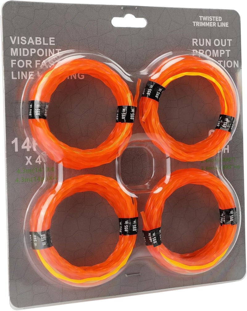 Quintillus 4-Pack 095 Trimmer Line Heavy Duty, Professional Twisted Weed Wacker String for Gas and Electric Grass Trimmer and Brushcutters, Pre-Cut Dual Color 3-section Fast-positioning Twisted Trimmer Line 14FT - Image 1